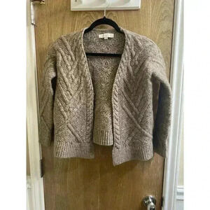 Ann Taylor LOFT Wool Blend Open Front Cable Knit Cardigan Tan Sweater Size S